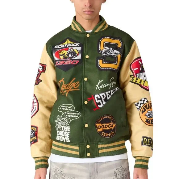 Reason x Dodge Scatpack Varsity Jacket Men Large Green Khaki Letterman Bomber - Picture 7 of 15